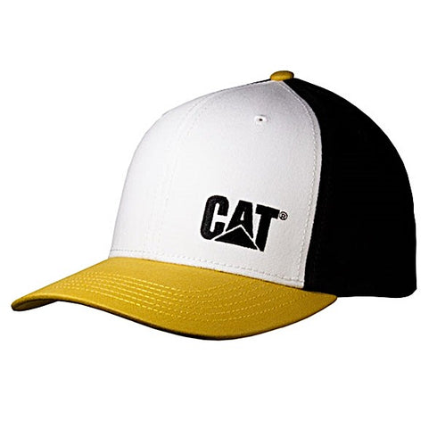 White, black, and yellow cap with CAT logo on a white background